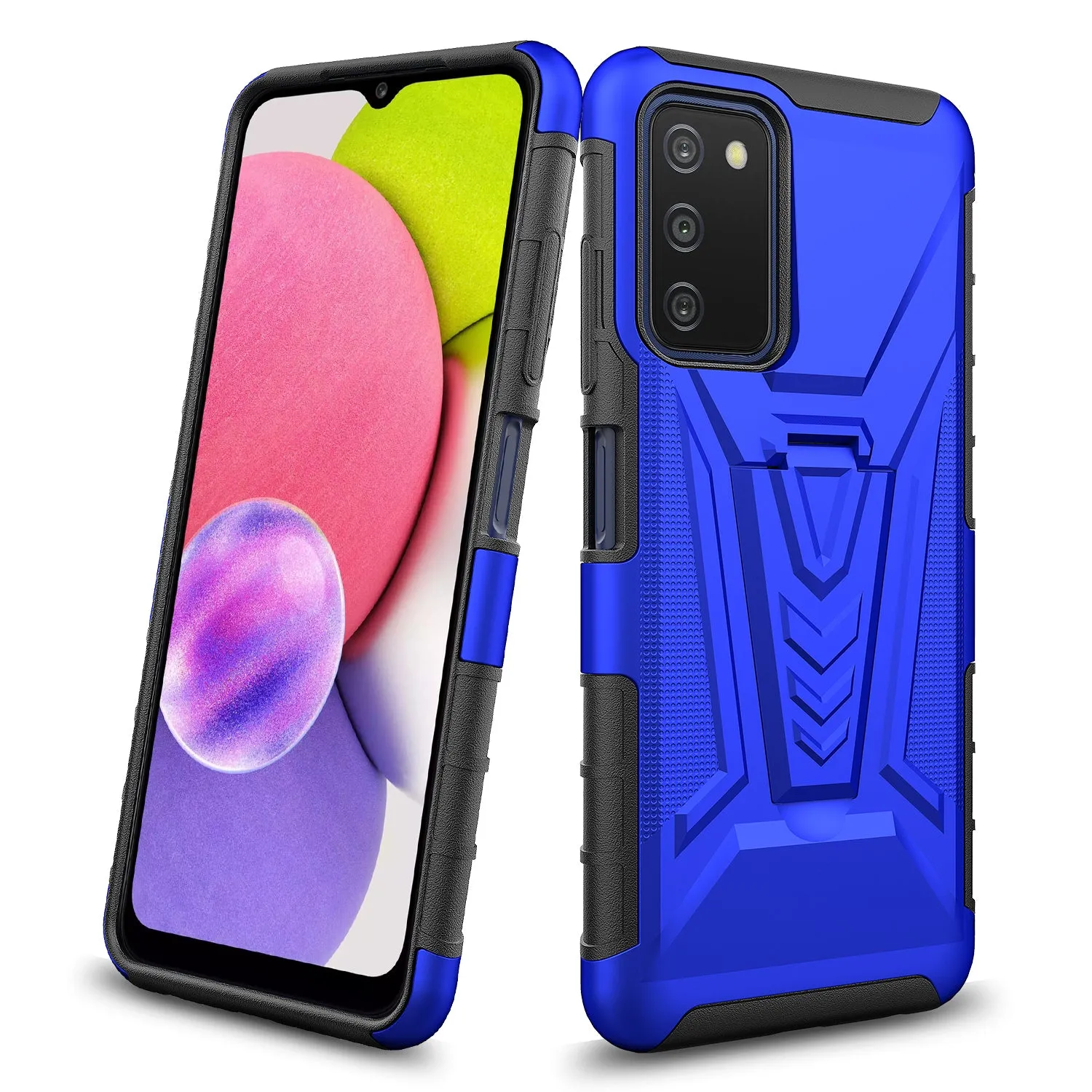 For Samsung Galaxy A03s Case with Tempered Glass Screen Protector Heavy Duty Protective Phone Case,Built-in Kickstand Rugged Shockproof Protective Phone Case - Blue