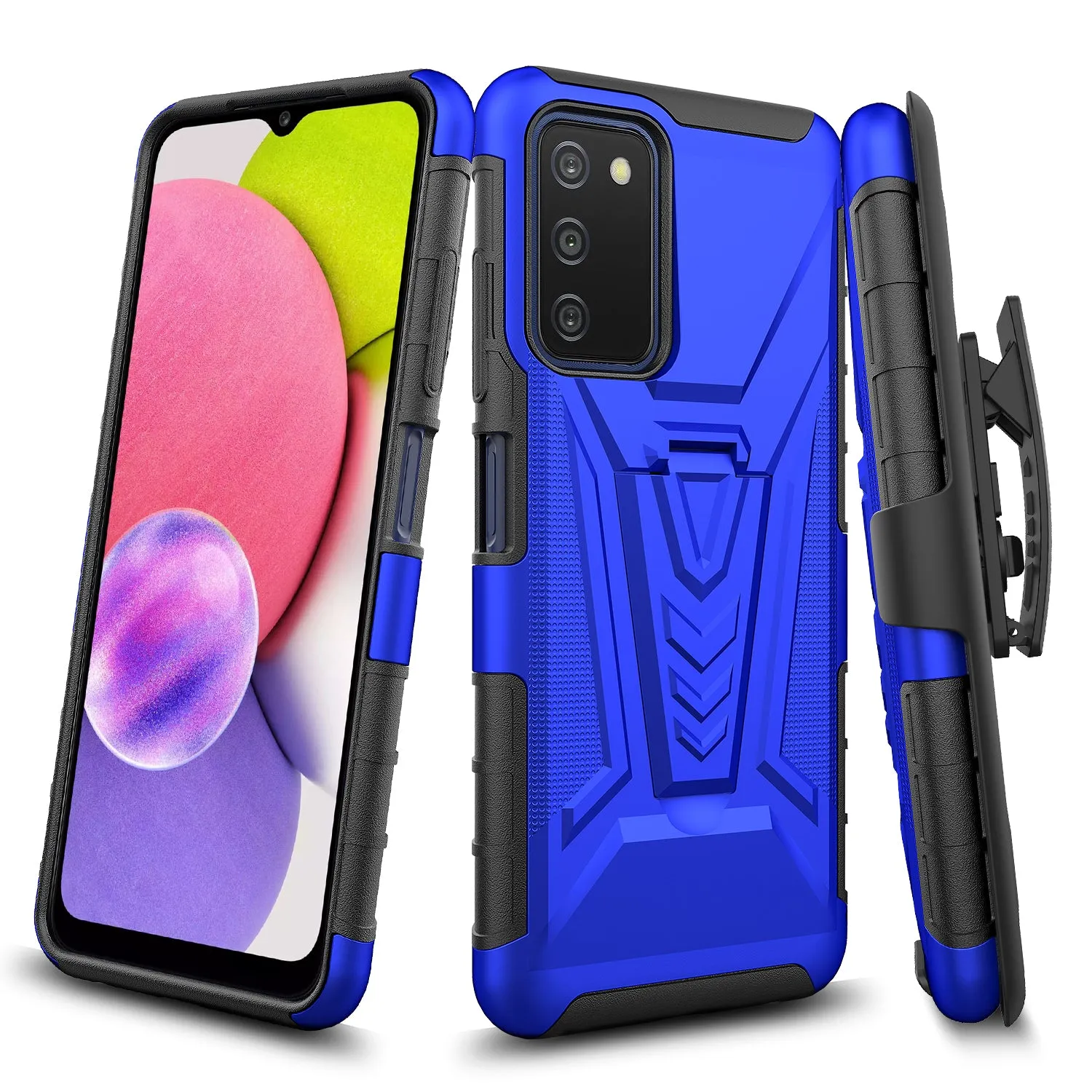 For Samsung Galaxy A03s Case with Tempered Glass Screen Protector Heavy Duty Protective Phone Case,Built-in Kickstand Rugged Shockproof Protective Phone Case - Blue