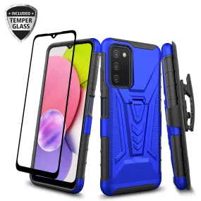 For Samsung Galaxy A03s Case with Tempered Glass Screen Protector Heavy Duty Protective Phone Case,Built-in Kickstand Rugged Shockproof Protective Phone Case - Blue