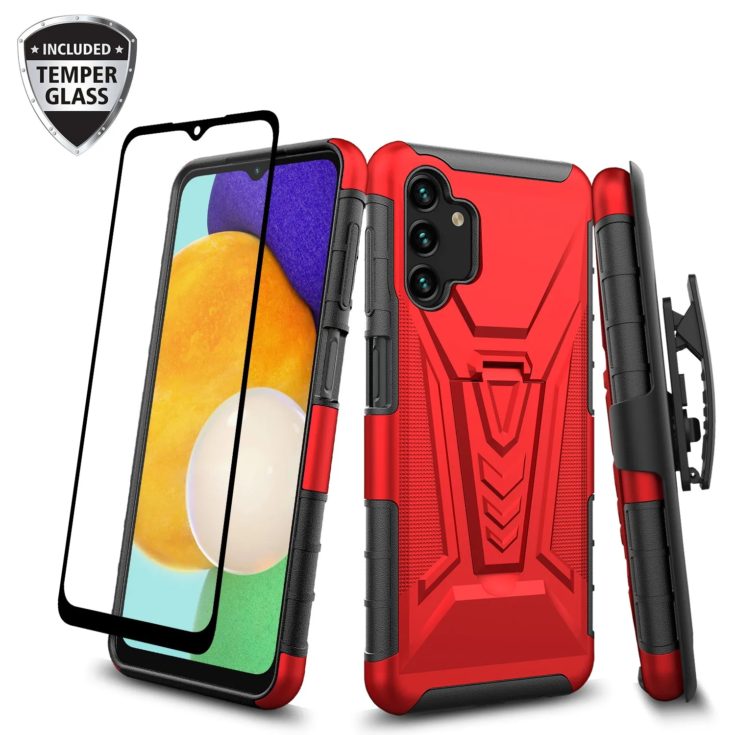 For Samsung Galaxy A13 5G Case with Tempered Glass Screen Protector Heavy Duty Protective Phone Case,Built-in Kickstand Rugged Shockproof Protective Phone Case - Red