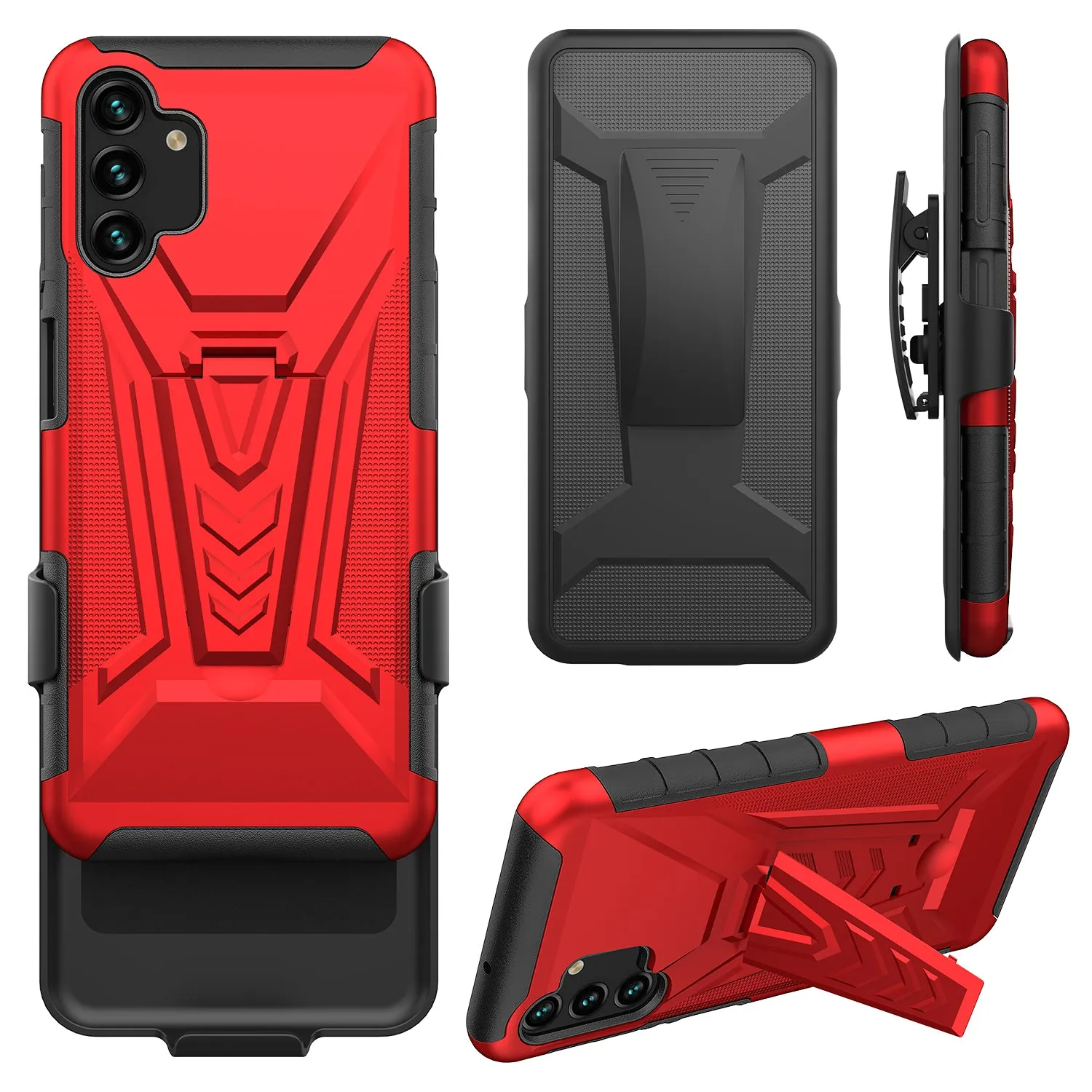 For Samsung Galaxy A13 5G Case with Tempered Glass Screen Protector Heavy Duty Protective Phone Case,Built-in Kickstand Rugged Shockproof Protective Phone Case - Red