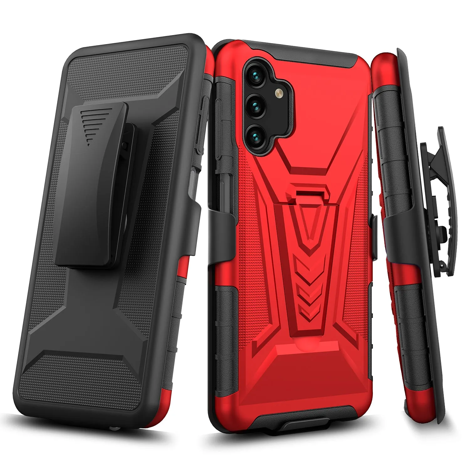 For Samsung Galaxy A13 5G Case with Tempered Glass Screen Protector Heavy Duty Protective Phone Case,Built-in Kickstand Rugged Shockproof Protective Phone Case - Red