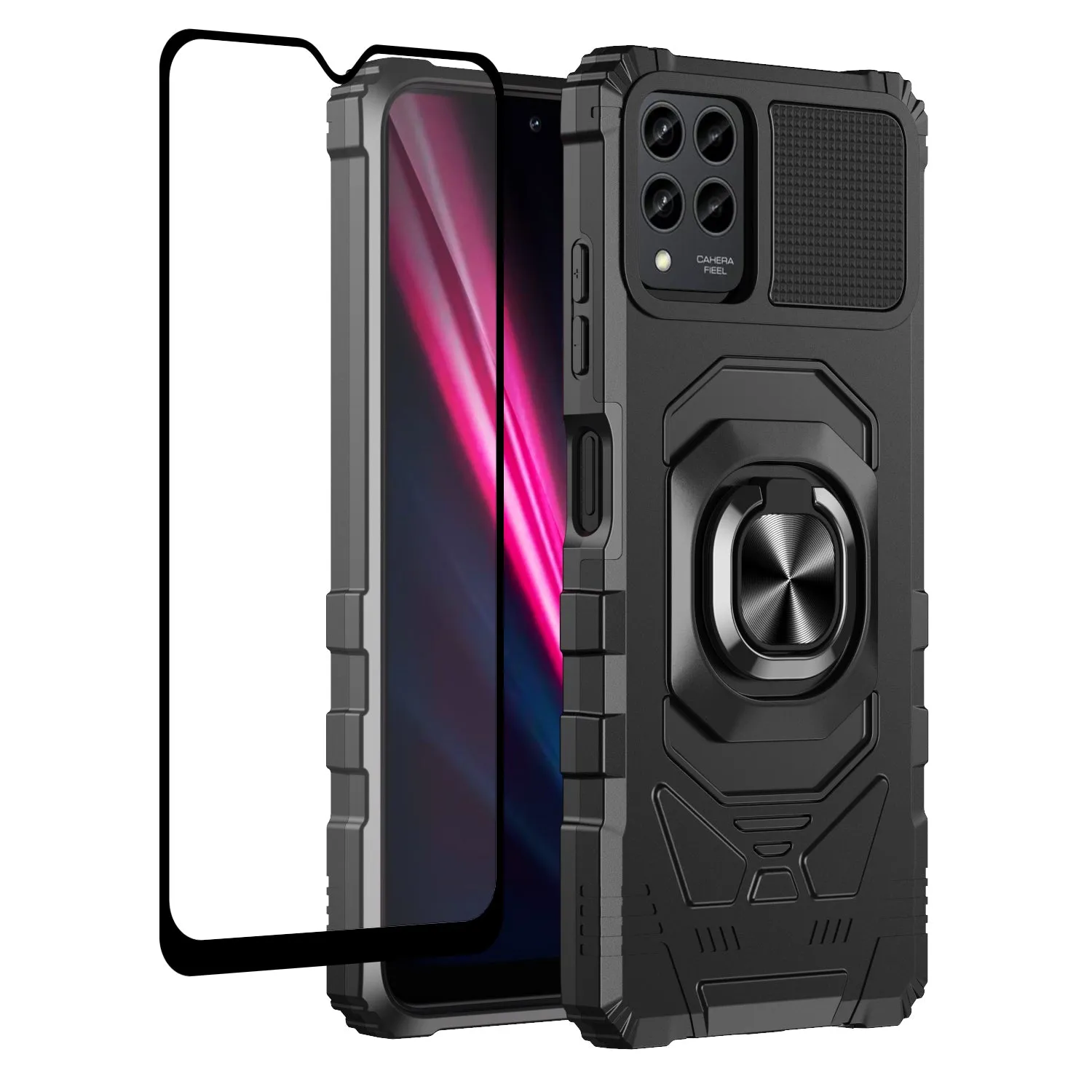 For T-Mobile REVVL 6 Pro 5G Case [Military Grade] Ring Car Mount Kickstand w/[Tempered Glass] Hybrid Hard PC Soft TPU Shockproof Protective Case - Black