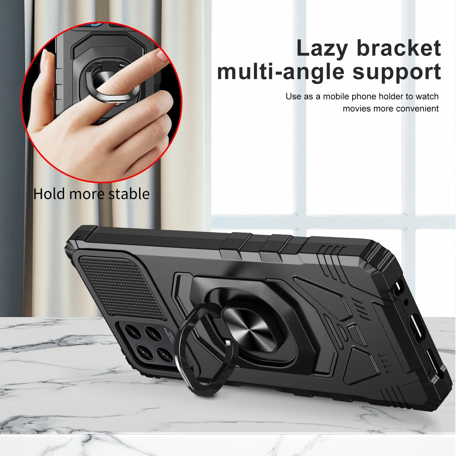 For T-Mobile REVVL 6 Pro 5G Case [Military Grade] Ring Car Mount Kickstand w/[Tempered Glass] Hybrid Hard PC Soft TPU Shockproof Protective Case - Black