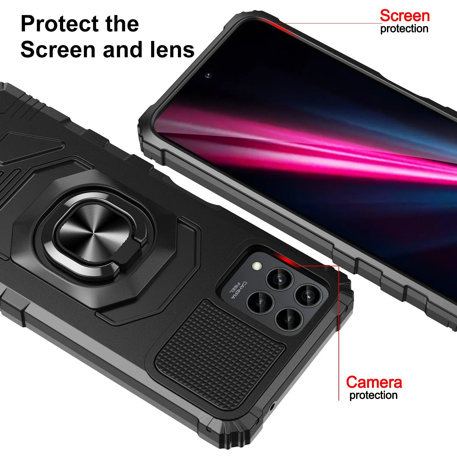 For T-Mobile REVVL 6 Pro 5G Case [Military Grade] Ring Car Mount Kickstand w/[Tempered Glass] Hybrid Hard PC Soft TPU Shockproof Protective Case - Black