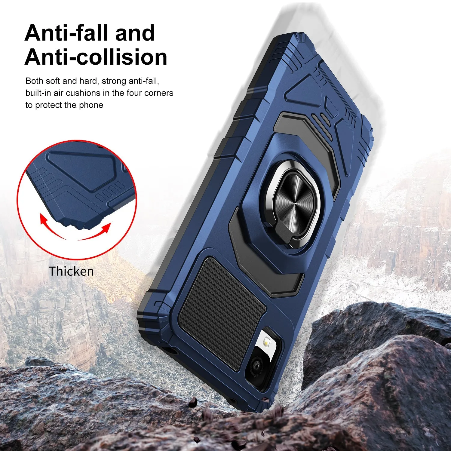 For TCL Ion Z/A3/A30 Case [Military Grade] Ring Car Mount Kickstand w/[Tempered Glass] Hybrid Hard PC Soft TPU Shockproof Protective Case - Blue