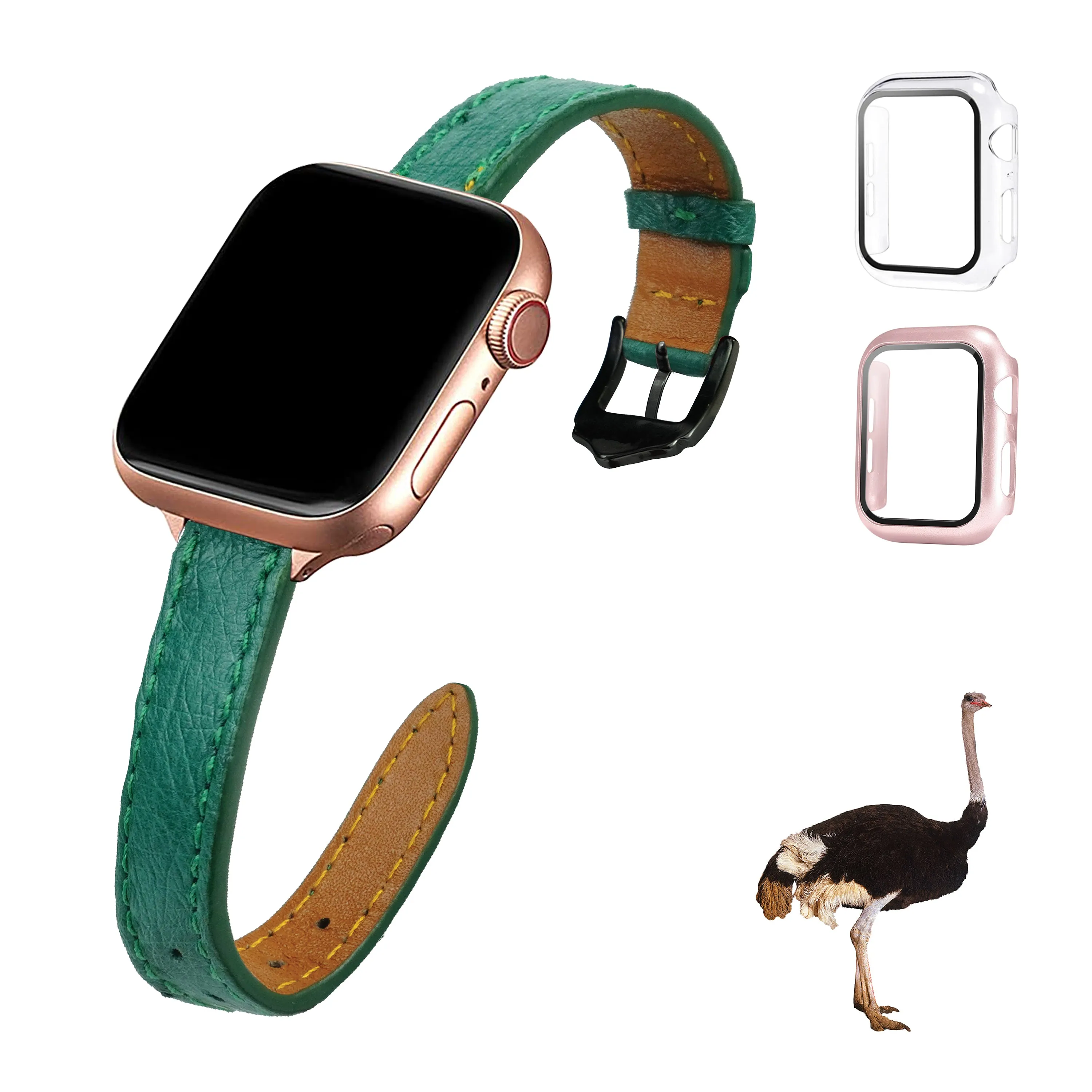 Green Flat Ostrich Leather Band Compatible Apple Watch Iwatch 42mm Screen Protector Case Black Adapter Replacement Strap For Smartwatch Series 1 2 3 Leather Handmade AW-188B-W-42MM