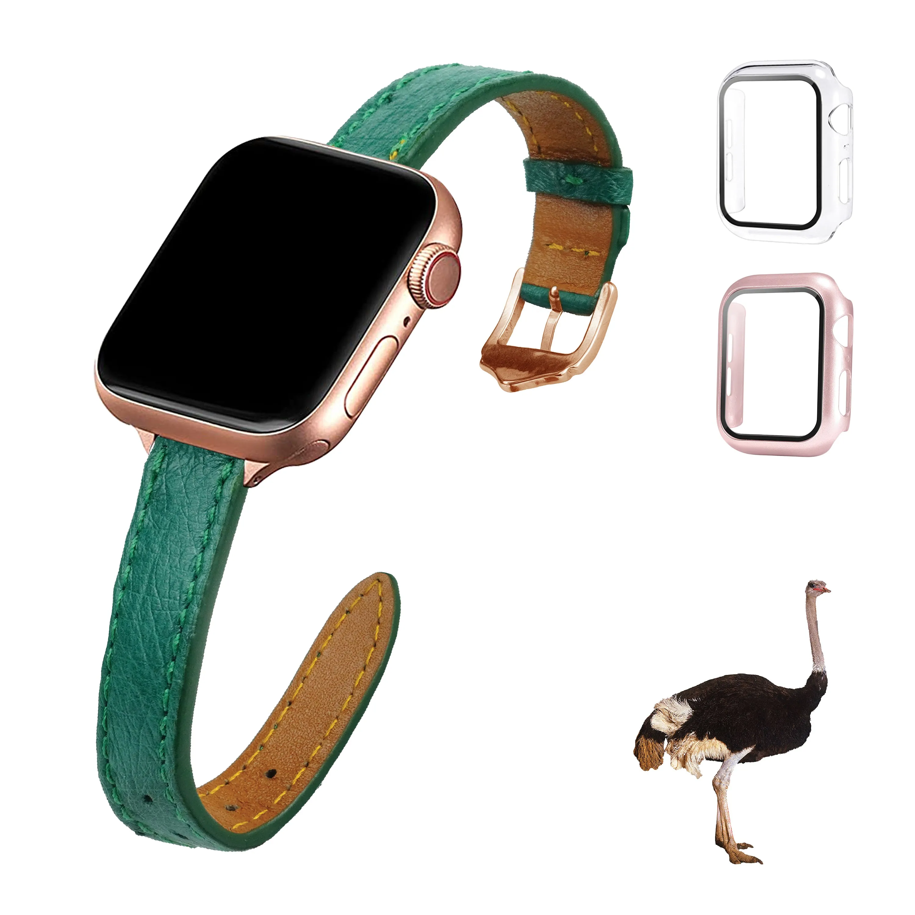 Green Flat Ostrich Leather Band Compatible Apple Watch Iwatch 45mm Screen Protector Case Gold Adapter Replacement Strap For Smartwatch Series 7 8 Leather Handmade AW-188G-W-45MM