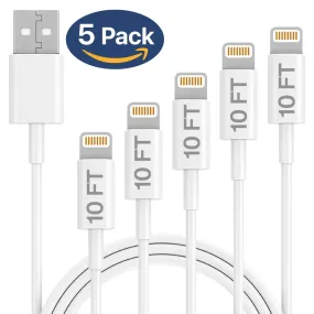 iPhone Charging Cable Set, MFI Certified Ixir, 5 Pack 10FT USB Cable, Compatible with Apple iPhone Xs/Xs Max/XR/X/8/8 Plus/7/7 Plus/6S/6SPlus/Air/Mini/iPod Touch/Case, Charging & Syncing Cord