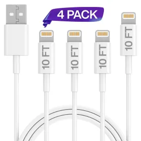 Iric Stable Transmission and High Durable MFI Certified Aple USB to lightning Charging Cable 10 Ft., 4 Pack Set (White)