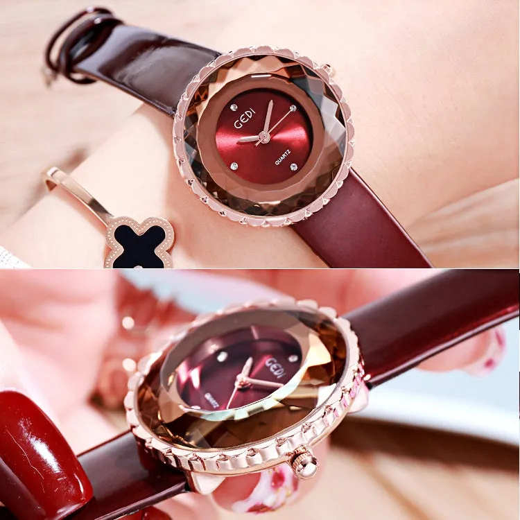 Irregular Dial Leather Strap Women's Watch