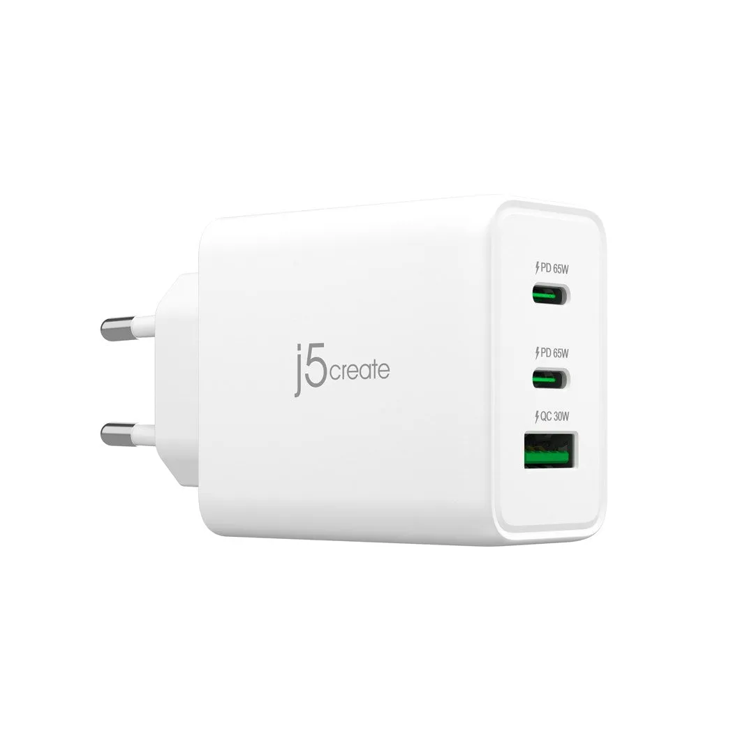 J5create 65W Gan Usb-C 3-Port Charger - Eu (2Xusb-C 1Xusb3.0; Colour White) Jup3365e-En