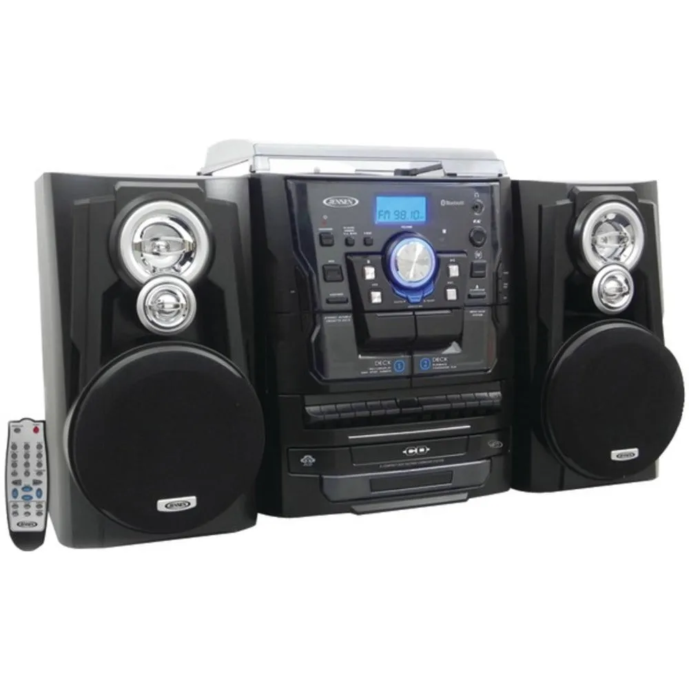 JENSEN JMC-1250 Bluetooth 3-Speed Stereo Turntable Music System with 3-CD Changer & Dual Cassette Deck