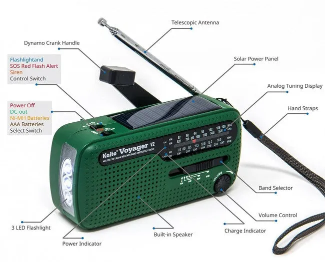 Kaito Voyager V2 Portable Solar / Hand Crank AM/FM, Shortwave & NOAA Weather Emergency Radio with USB Cell Phone Charger & LED Flashlight (Green)