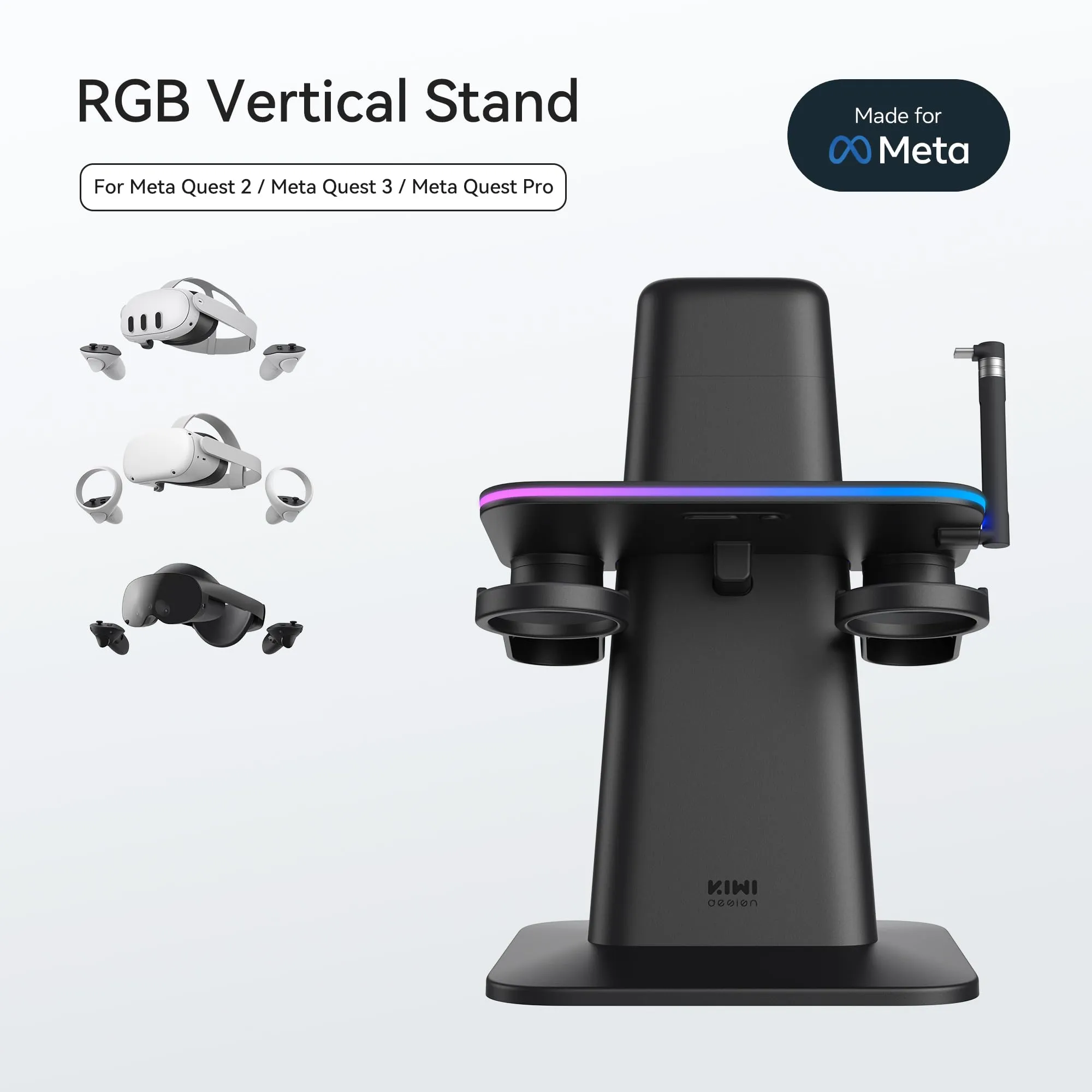 KIWI design Charging Dock for Meta Oculus Quest 3/Quest 2/Quest Pro Accessories, Meta Officially Co-Branded, RGB Vertical Charging Stand and Controller Holder