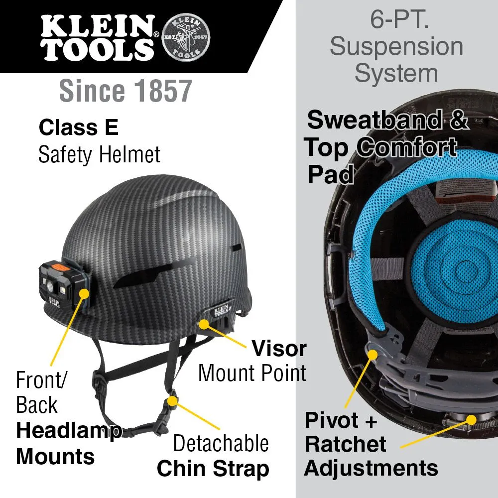 Klein 60515 Safety Helmet, Premium KARBN Pattern, Non-Vented, Class E, Headlamp