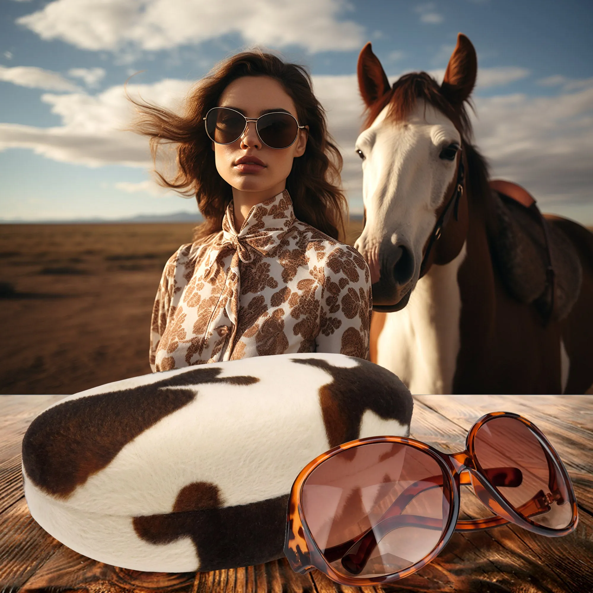 Large Hard Sunglasses Case in Pony Print Animal Print - Large to Extra Large curved Frames (AS413 Pinto Pony)