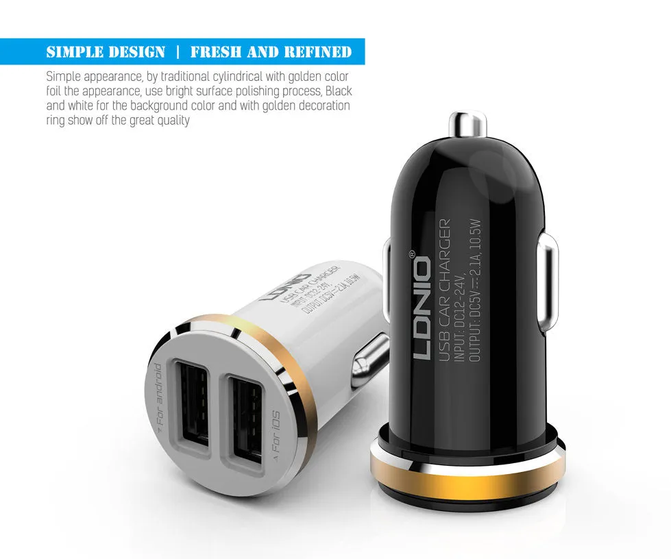 LDNIO 2 USB 5V-2.1A Quick Car Charger (Dual Port)