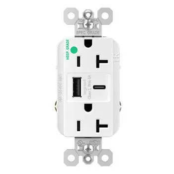 Legrand 20A 125V Hospital-Grade Tamper-Resistant Receptacle with USB A/C Fast Charging Ports