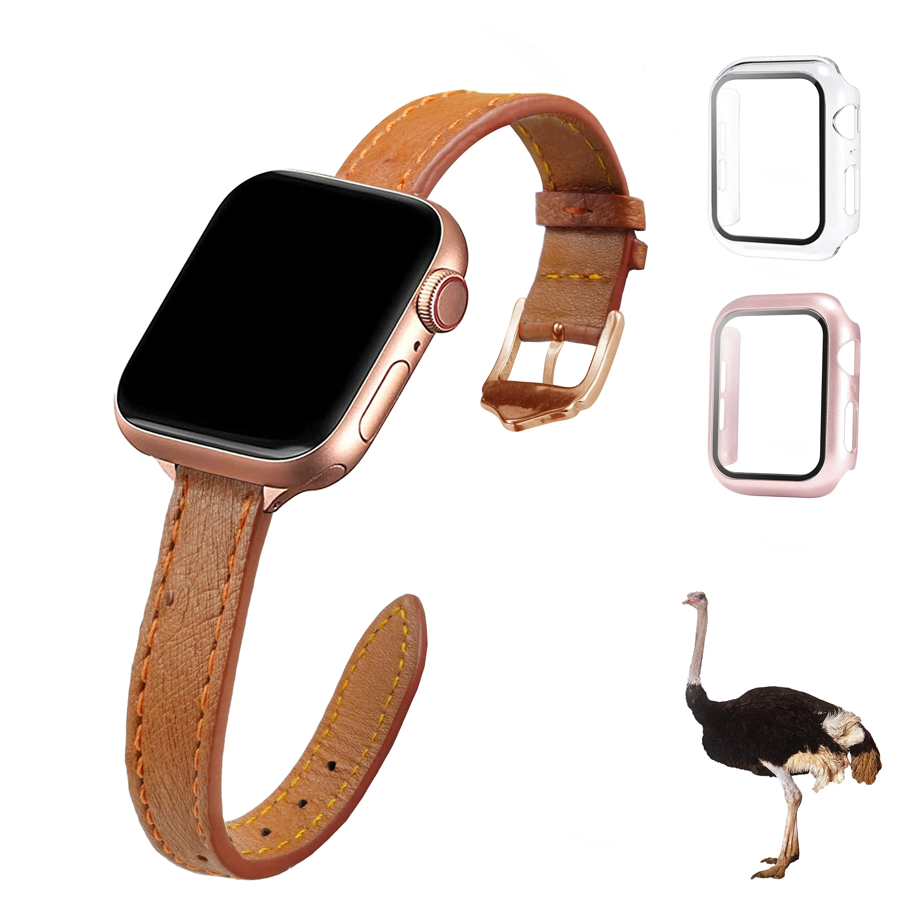 Light Brown Flat Ostrich Leather Band Compatible Apple Watch Iwatch 41mm Screen Protector Case Gold Adapter Replacement Strap For Smartwatch Series 7 8 Leather Handmade AW-186G-W-41MM