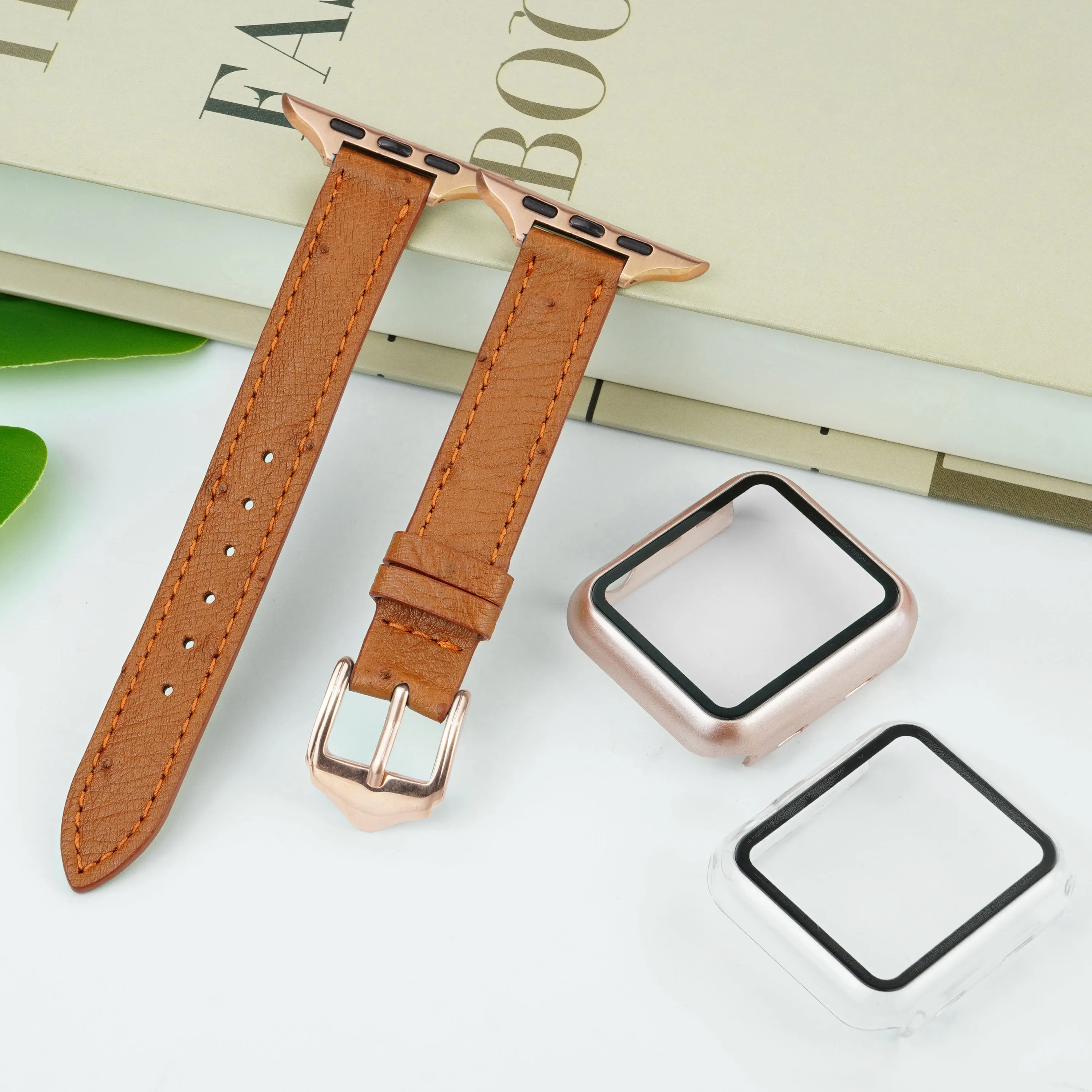 Light Brown Flat Ostrich Leather Band Compatible Apple Watch Iwatch 41mm Screen Protector Case Gold Adapter Replacement Strap For Smartwatch Series 7 8 Leather Handmade AW-186G-W-41MM