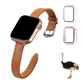 Light Brown Flat Ostrich Leather Band Compatible Apple Watch Iwatch 49mm Screen Protector Case Silver Adapter Replacement Strap For Smartwatch Series 7 8 Leather Handmade AW-186S-W-49MM