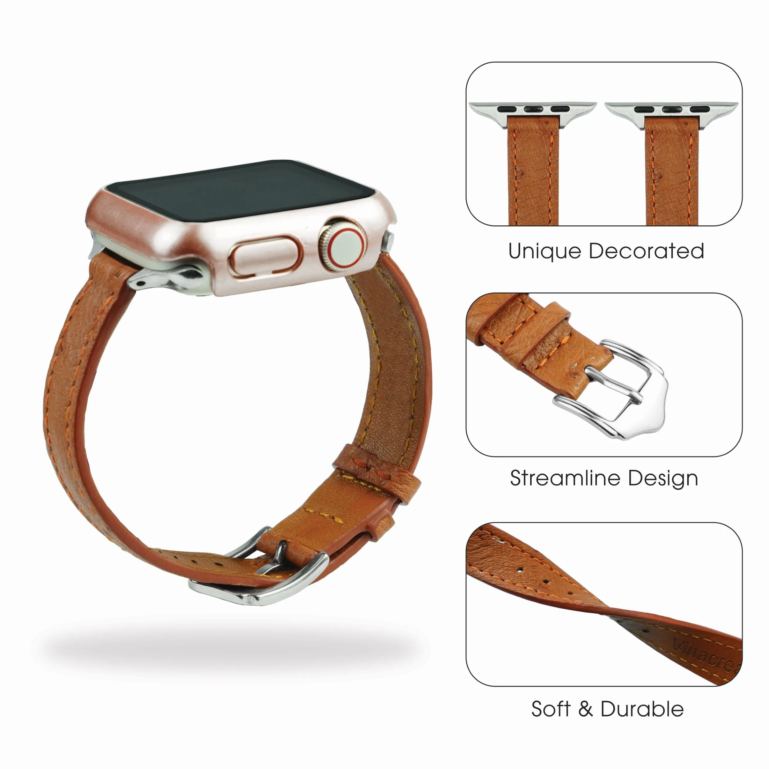 Light Brown Flat Ostrich Leather Band Compatible Apple Watch Iwatch 49mm Screen Protector Case Silver Adapter Replacement Strap For Smartwatch Series 7 8 Leather Handmade AW-186S-W-49MM