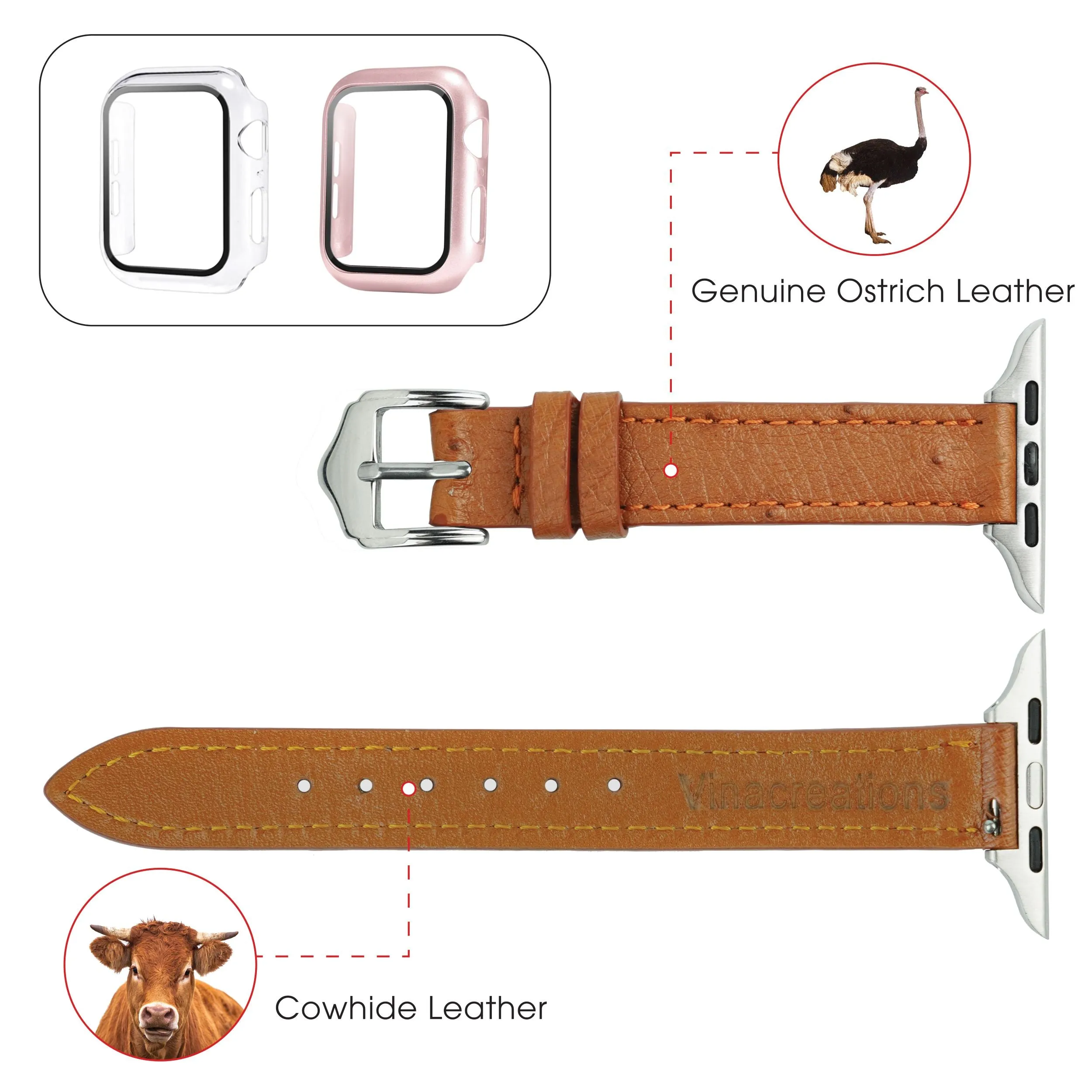 Light Brown Flat Ostrich Leather Band Compatible Apple Watch Iwatch 49mm Screen Protector Case Silver Adapter Replacement Strap For Smartwatch Series 7 8 Leather Handmade AW-186S-W-49MM