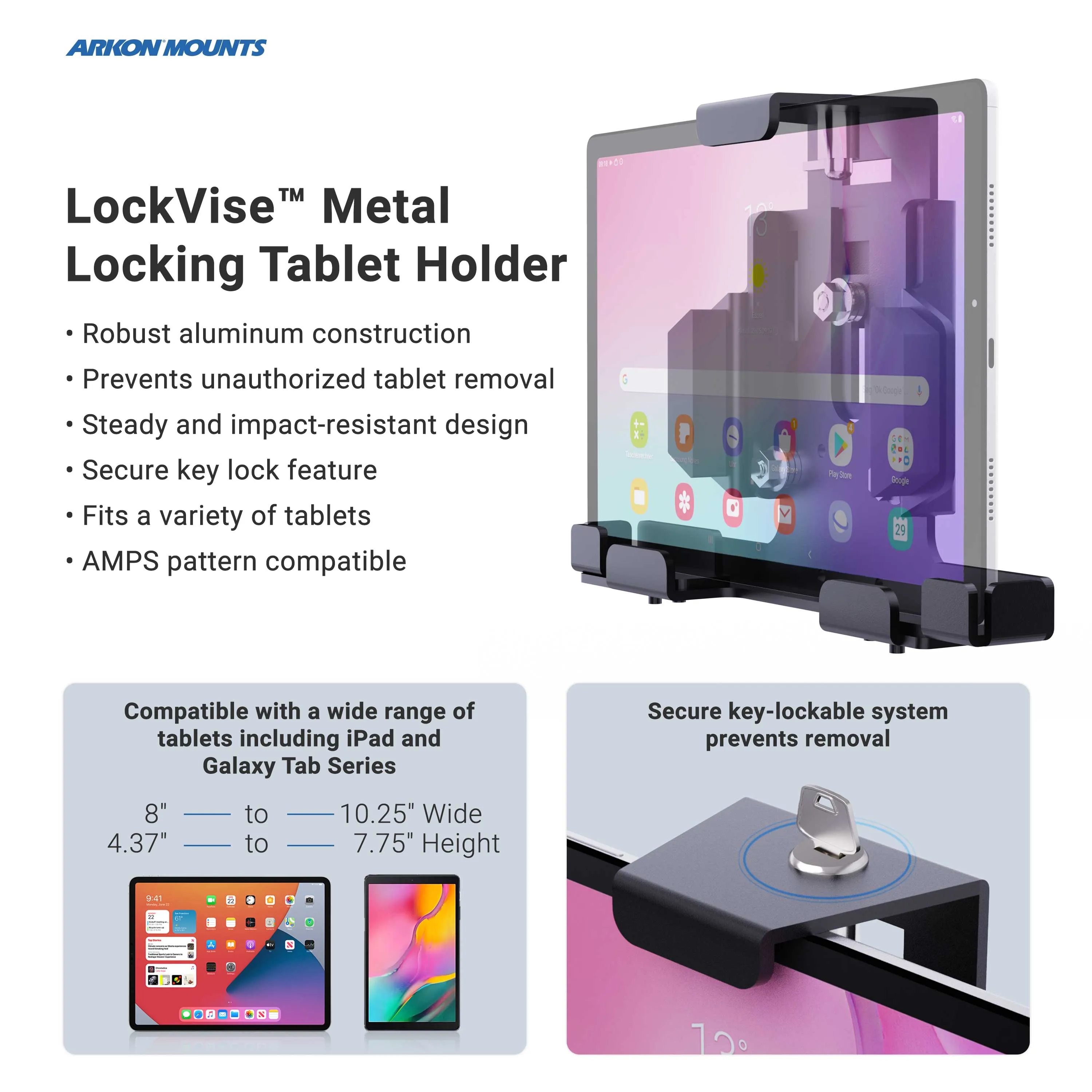 LockVise™ Metal Locking Seat Rail Tablet Mount with 18" Aluminum Gooseneck and 3.75" Shaft