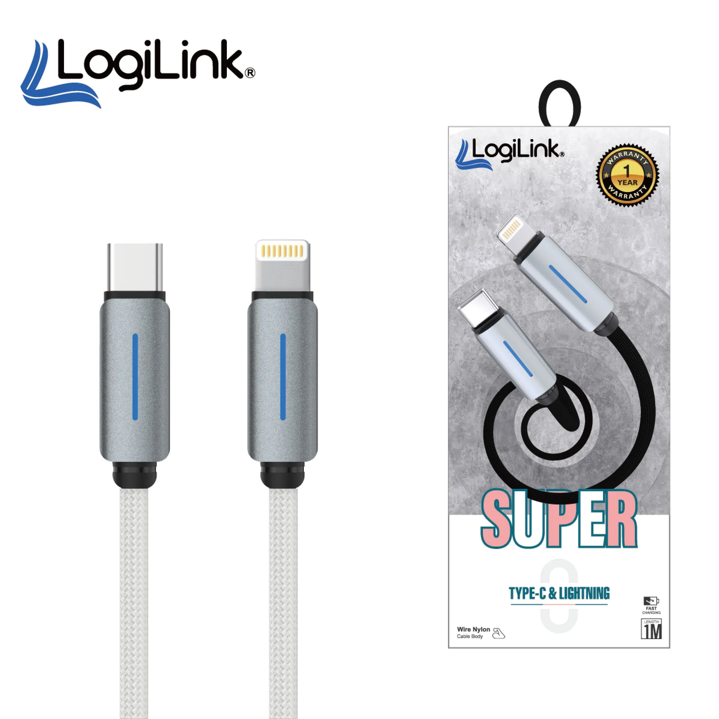 LOGILINK TYPE C TO LIGHTNING NYLON FAST CHARGING DATA CABLE WITH LIGHT white