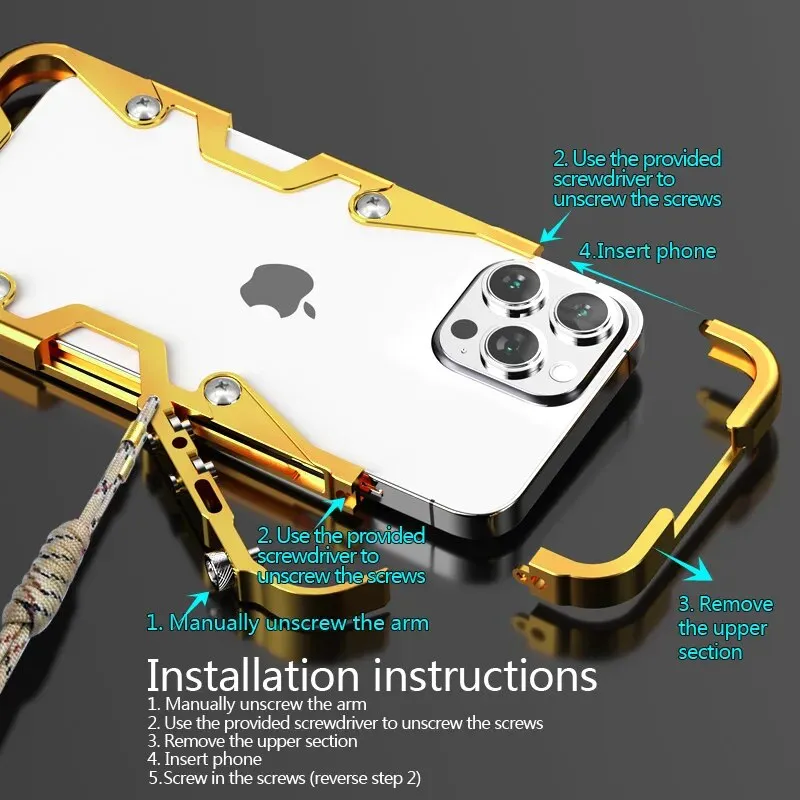 Luxury Aluminum Metal Frame Shockproof Bumper Phone Case With Lanyard For iPhone