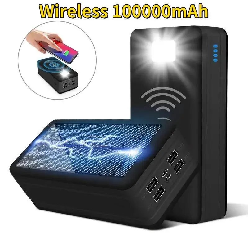 Massive 100000mAh Waterproof Solar Power Bank with Wireless Charging & Fast Charge Capability for Outdoor Adventures