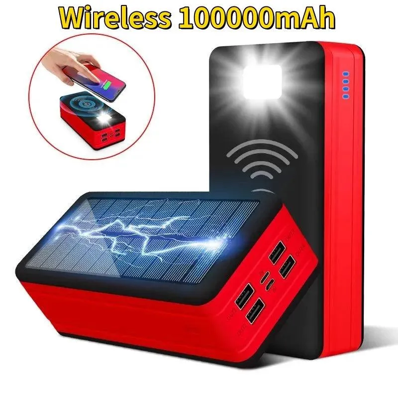 Massive 100000mAh Waterproof Solar Power Bank with Wireless Charging & Fast Charge Capability for Outdoor Adventures