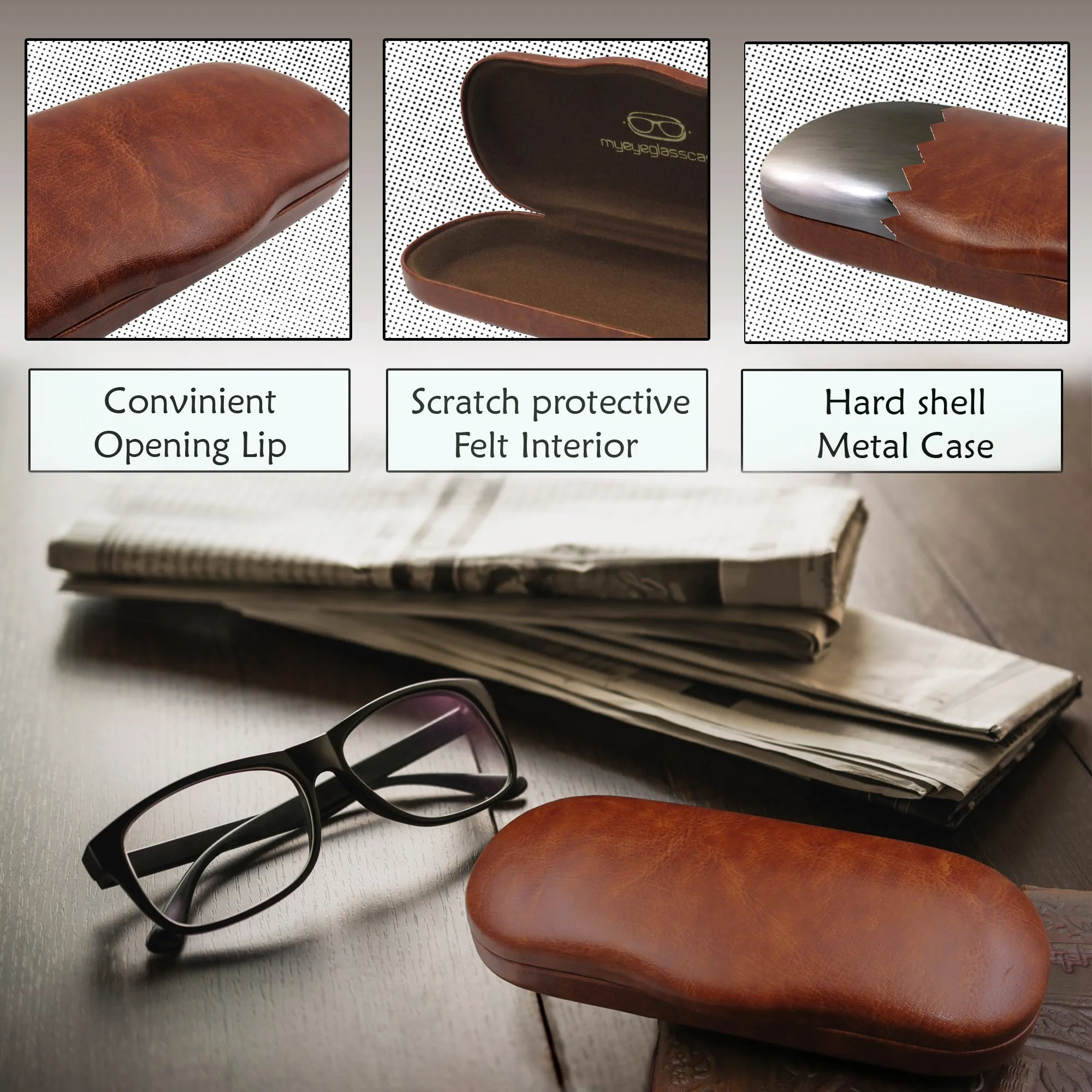 Men Hard Eyeglass Case for Small medium Frames - Glasses Case Holder with pouch and Cleaning Cloth (AS196 Brown)