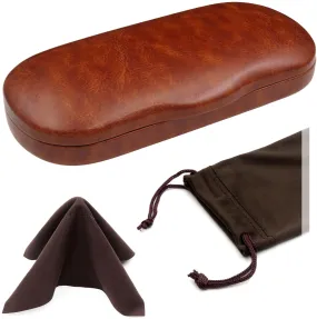 Men Hard Eyeglass Case for Small medium Frames - Glasses Case Holder with pouch and Cleaning Cloth (AS196 Brown)