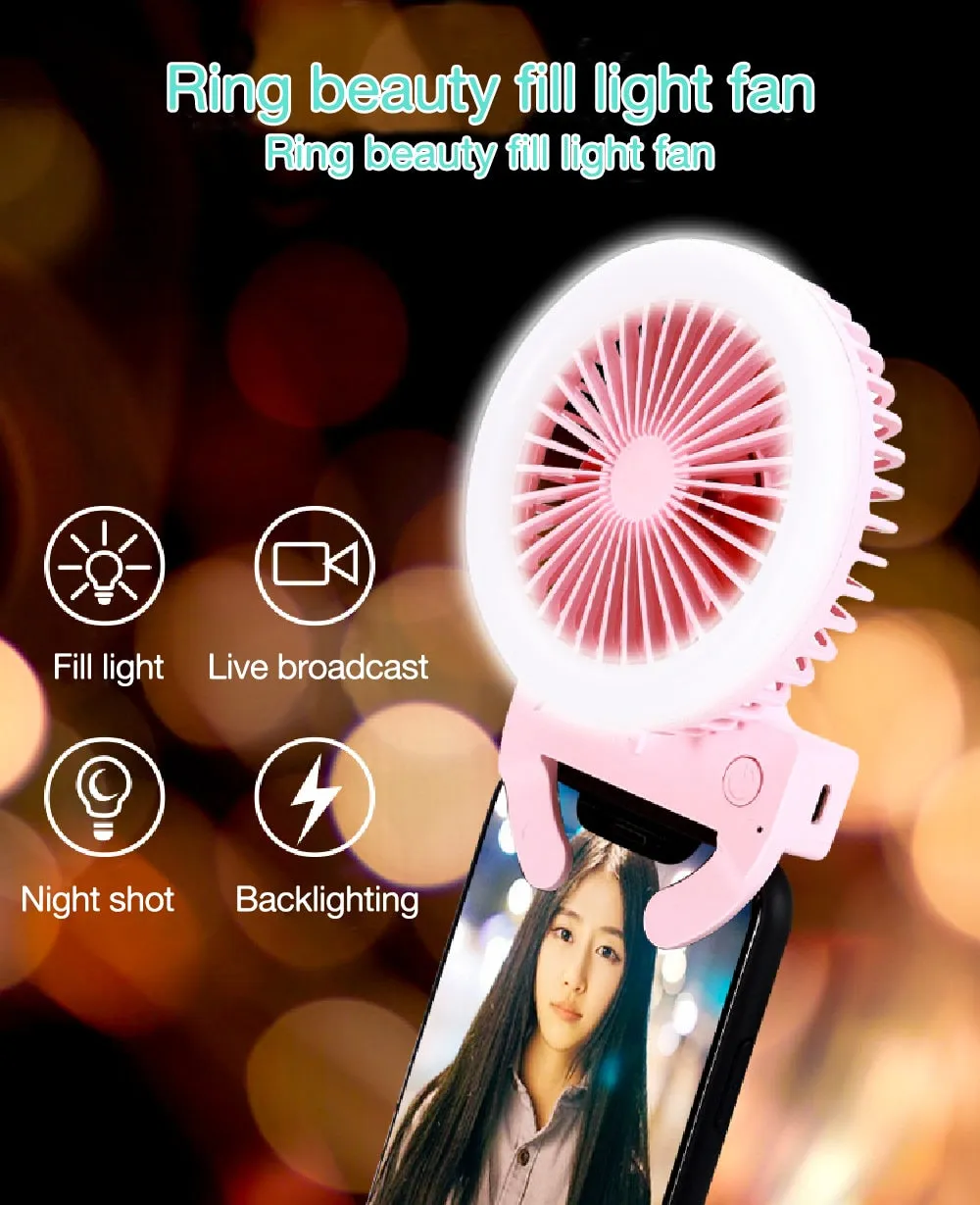 Mini Selfie LED Ring Light With Portable Electric Fan (Mounts onto any Mobile Phone)