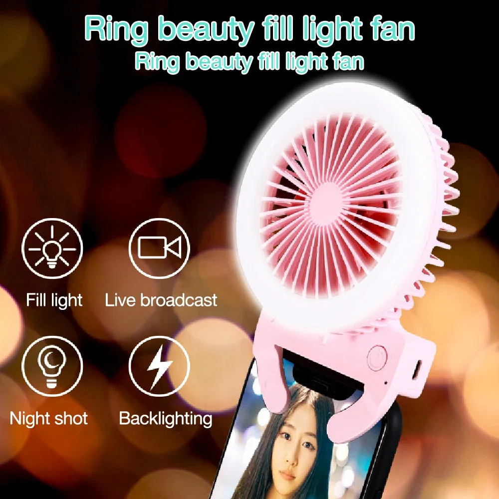 Mini Selfie LED Ring Light With Portable Electric Fan (Mounts onto any Mobile Phone)