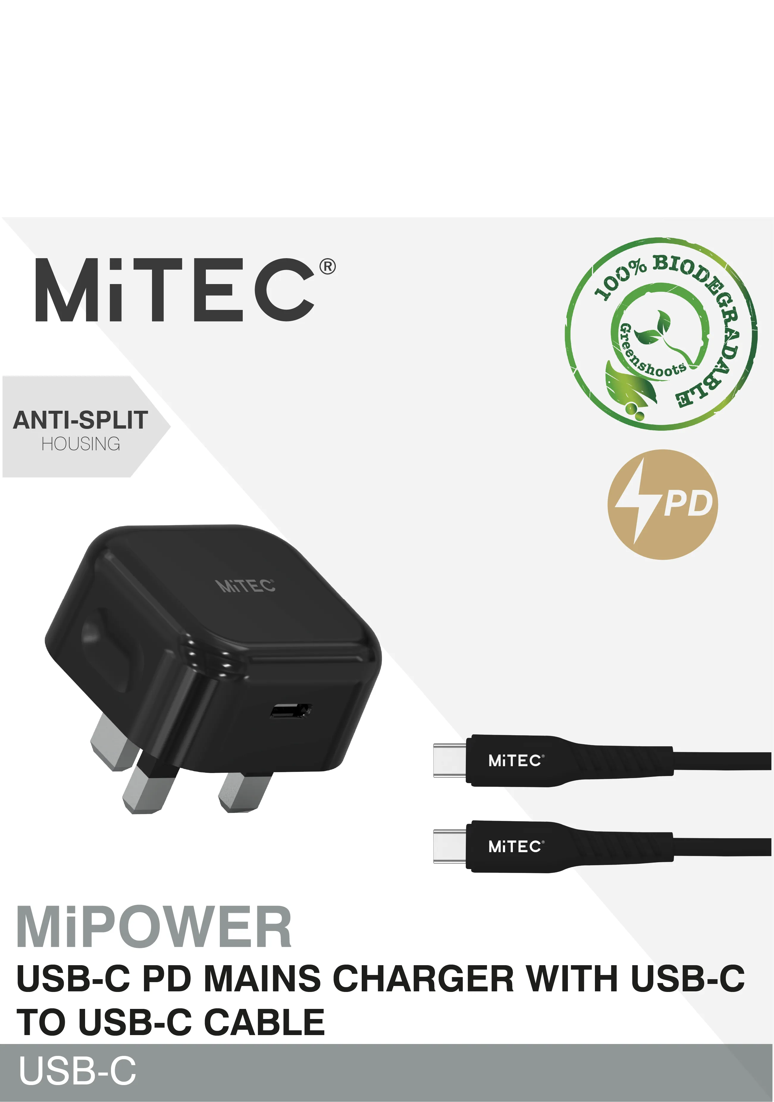 MiTEC MiPOWER Mains Charger with Type-C Cable - Black