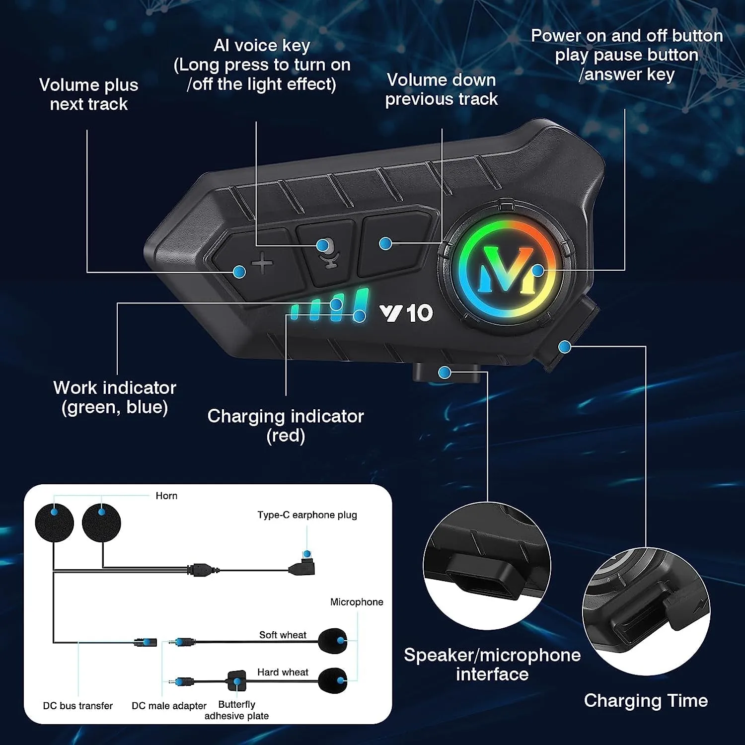 Motorcycle Helmet Speakers High Battery Life Helmet Headphone IPX6 Automatic Answer/Call Music Control/Intelligent Noise/Wake up Siri, 2 Different Types of Mic【Compatible with All Helmets】