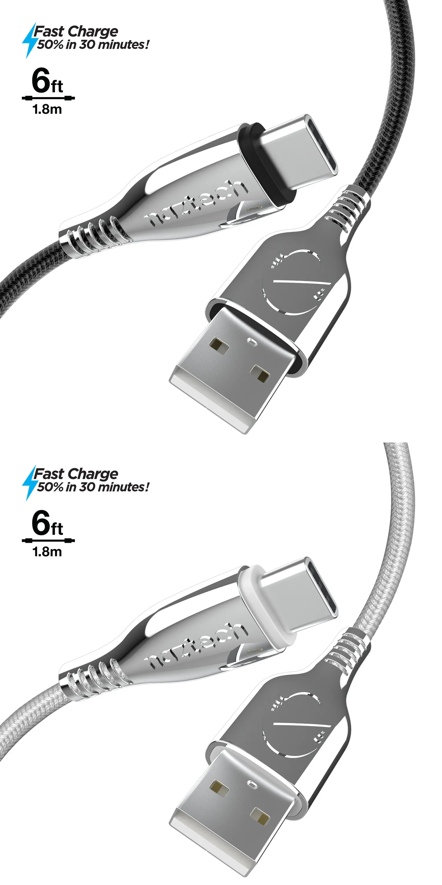 Naztech Titanium USB to USB-C Braided Cable 6ft