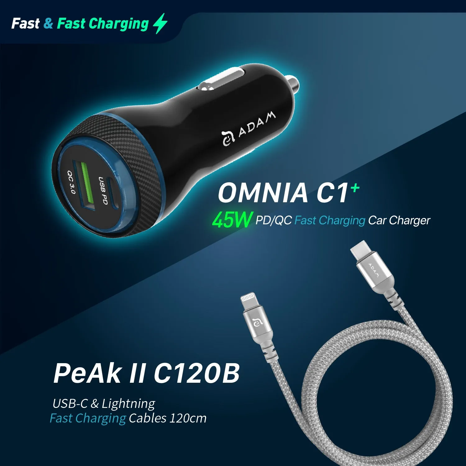 OMNIA C1  45W  PD/QC Fast charging Car Charger   PeAk II C120B USB-C to Lightning Cable (1.2M)