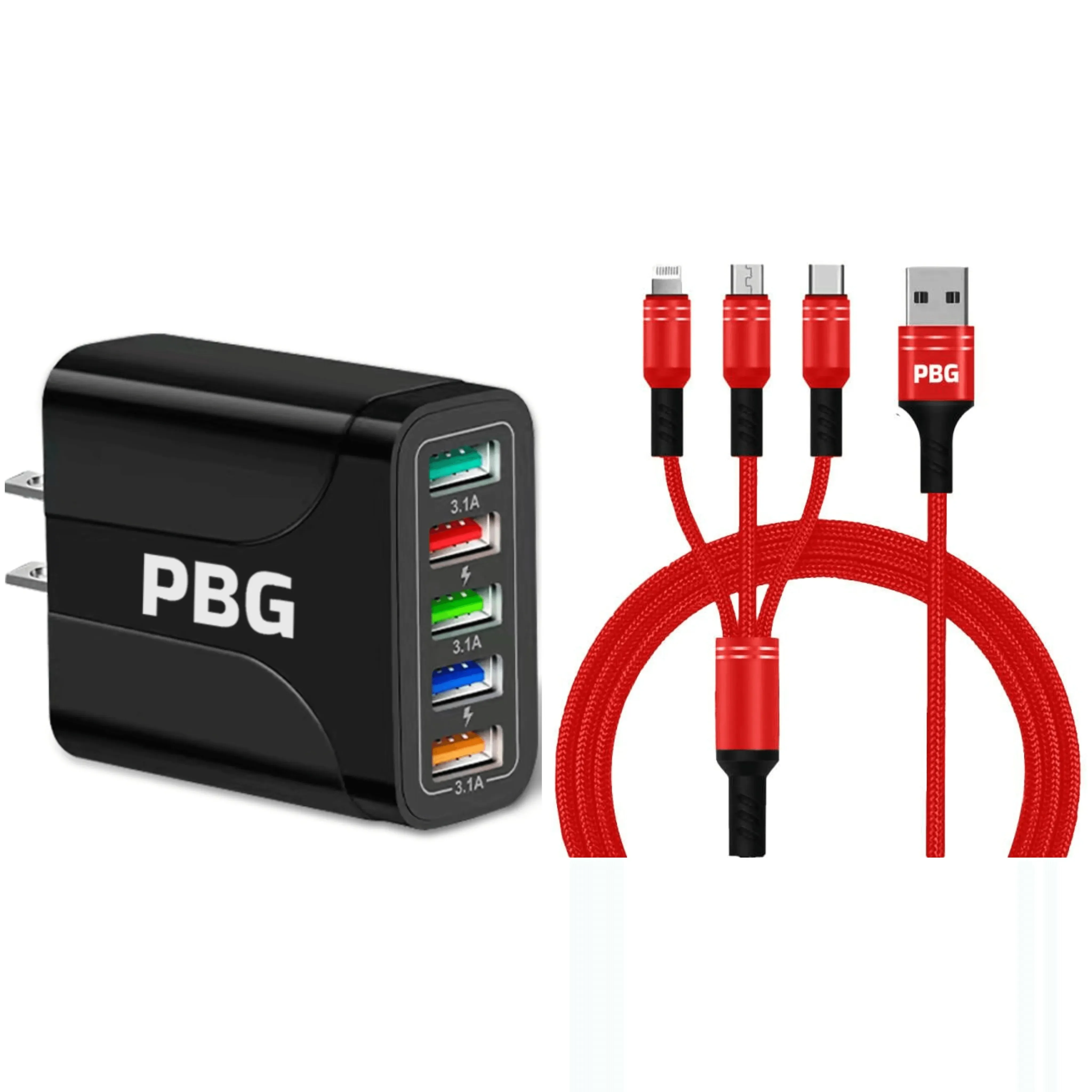 PBG Black 5-Port LED Wall Charger & QC 3-in-1 Nylon Braided Fast Charging Cable