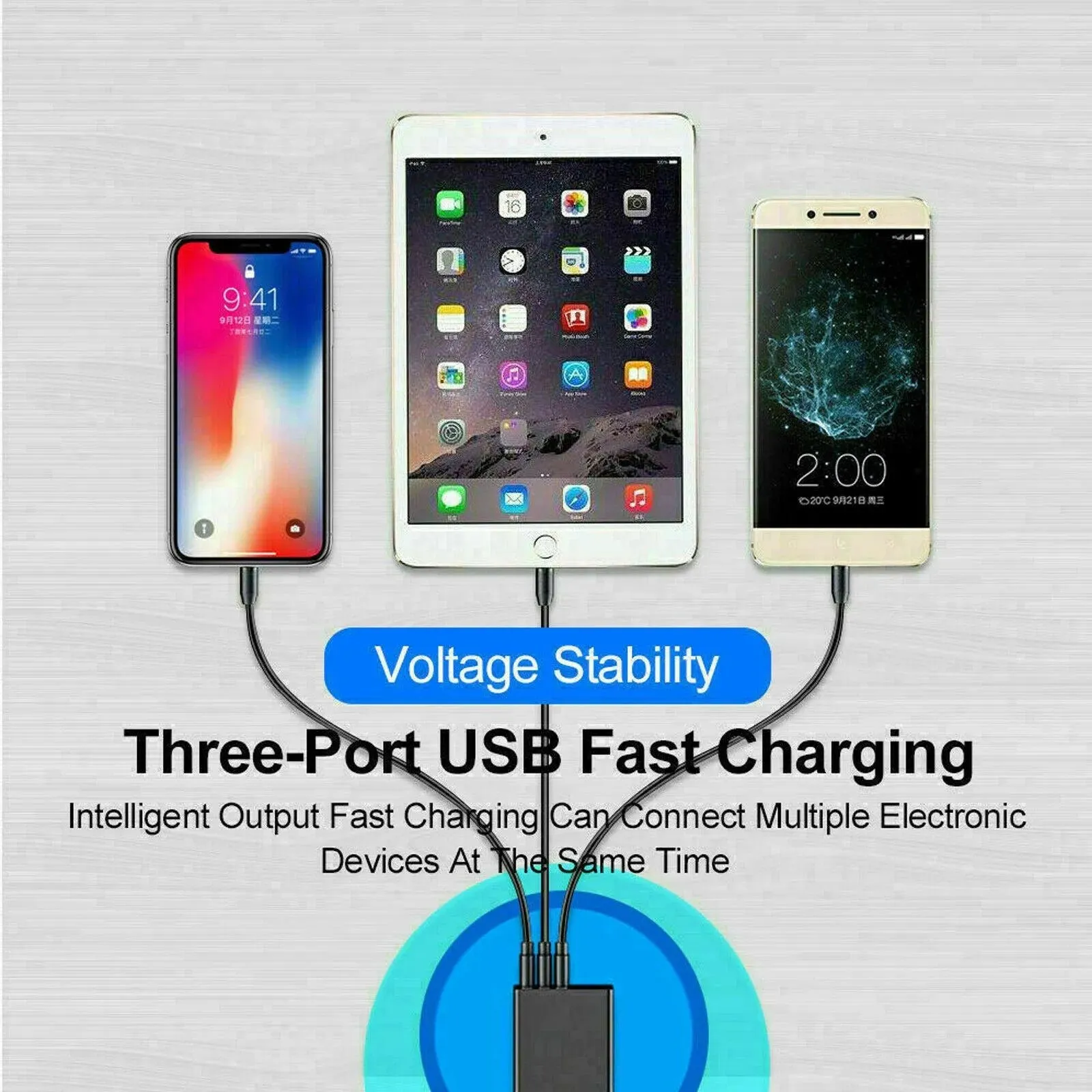 PBG Black 5-Port LED Wall Charger & QC 3-in-1 Nylon Braided Fast Charging Cable