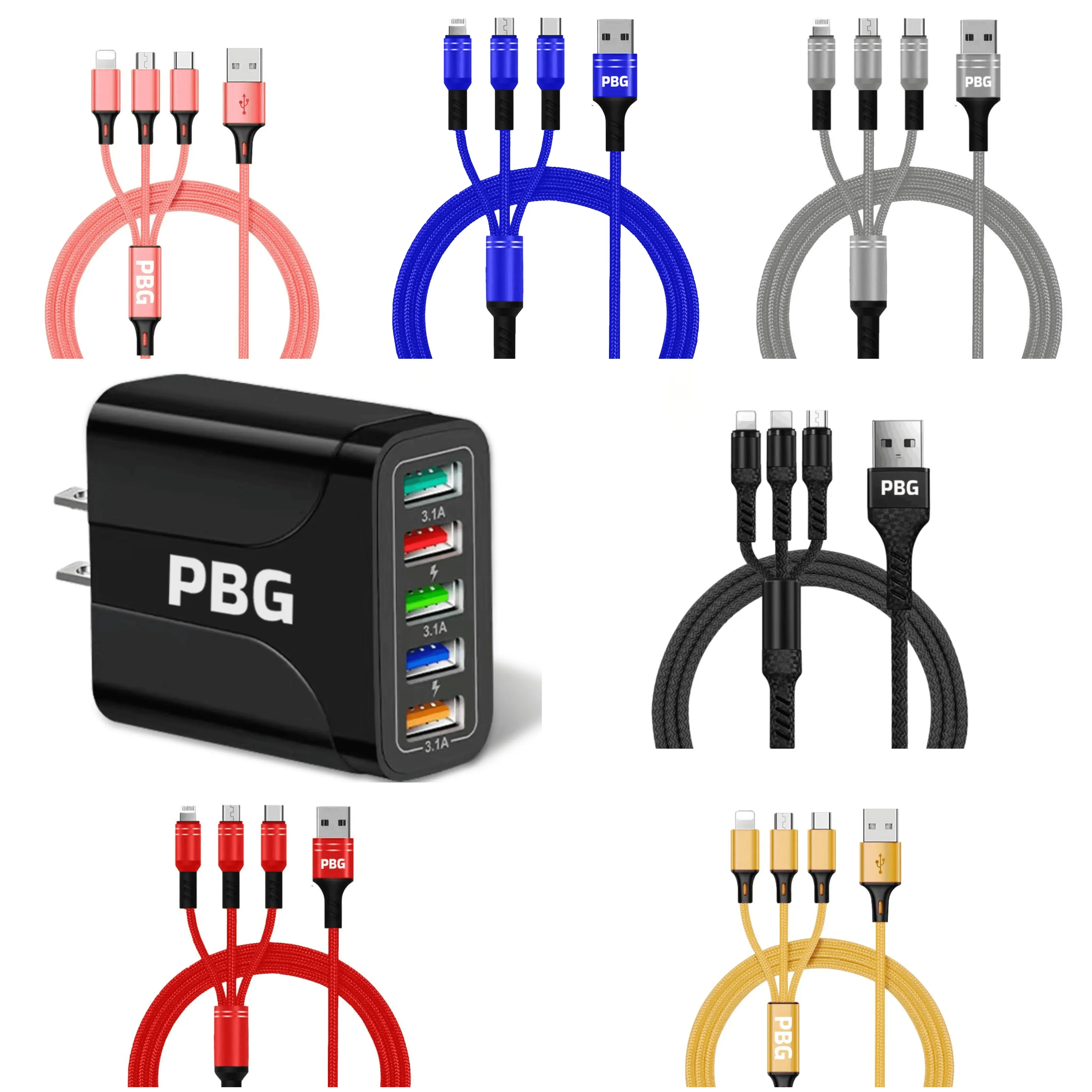 PBG Black 5-Port LED Wall Charger & QC 3-in-1 Nylon Braided Fast Charging Cable