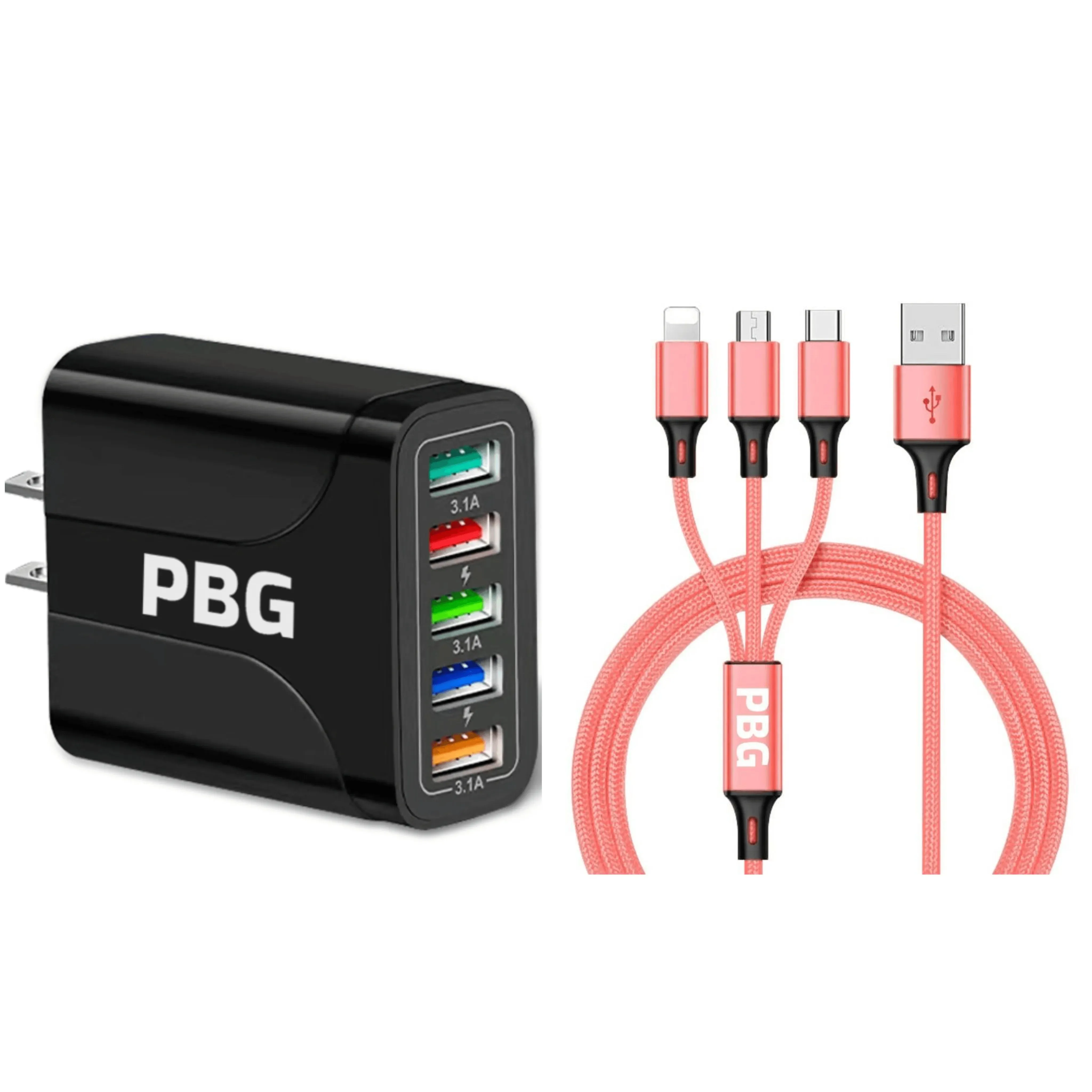 PBG Black 5-Port LED Wall Charger & QC 3-in-1 Nylon Braided Fast Charging Cable