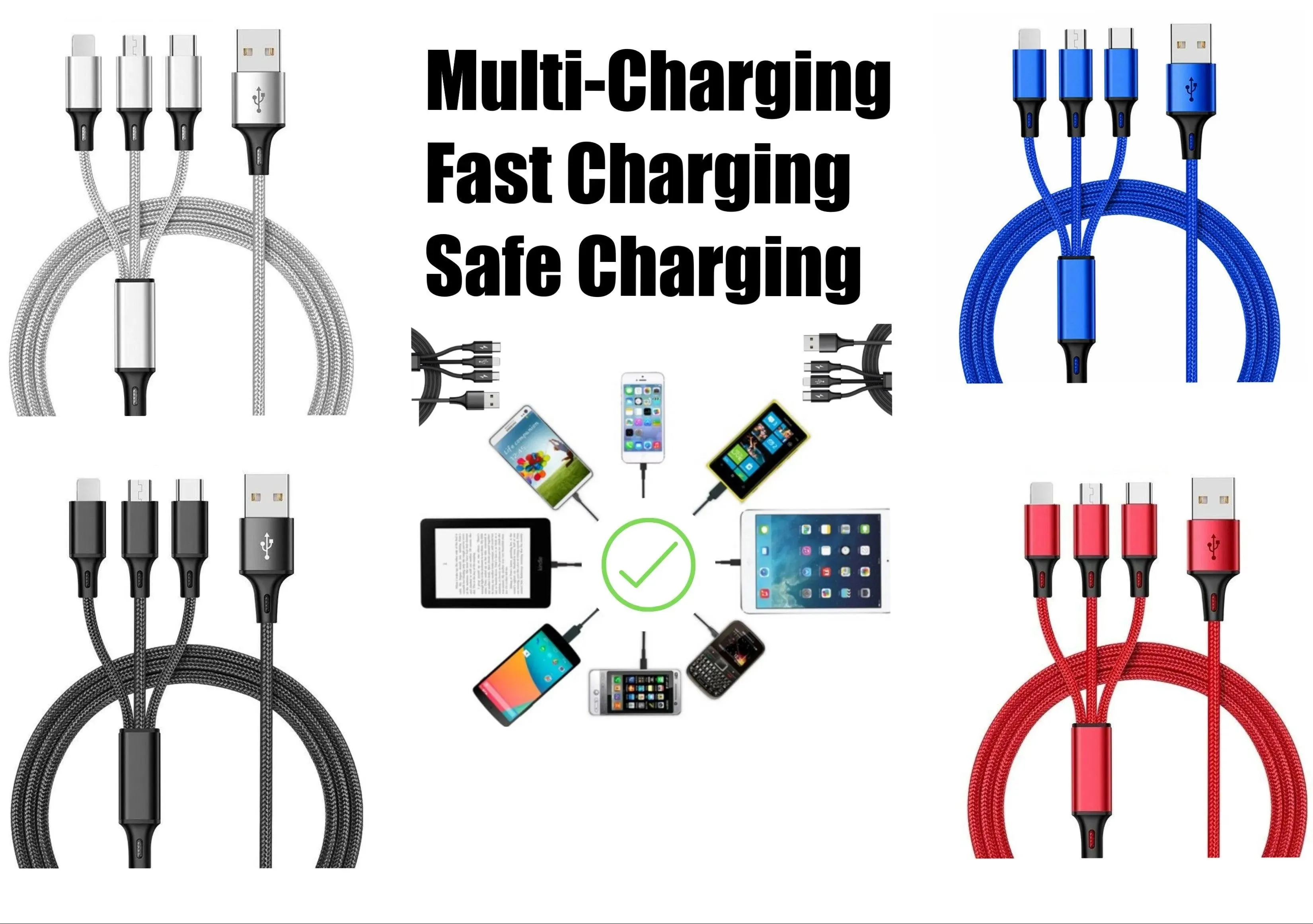 PBG Black 5-Port LED Wall Charger & QC 3-in-1 Nylon Braided Fast Charging Cable