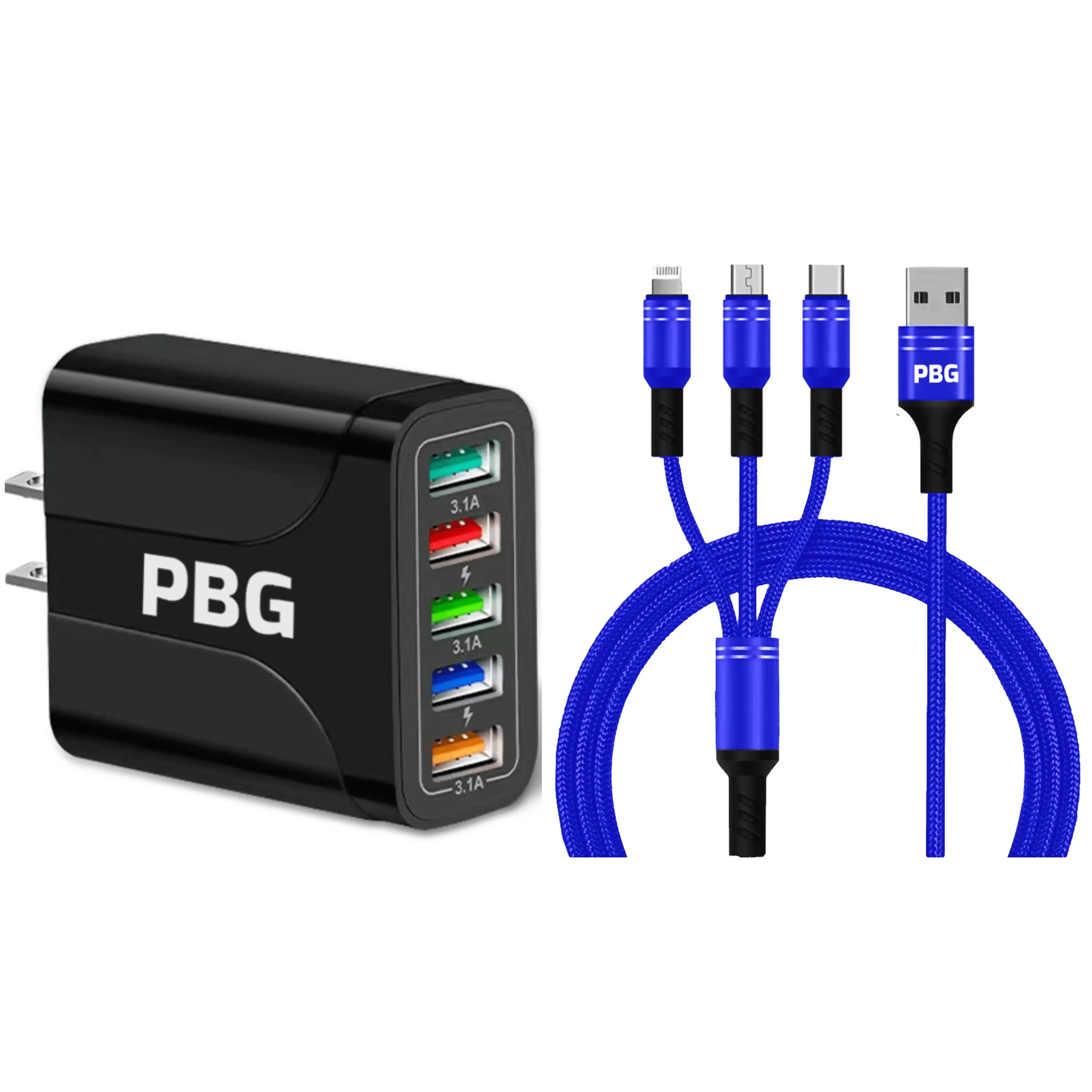 PBG Black 5-Port LED Wall Charger & QC 3-in-1 Nylon Braided Fast Charging Cable