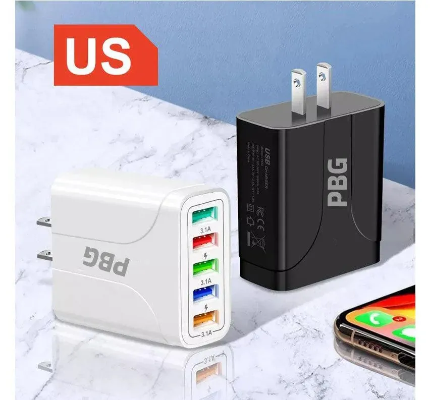 PBG Black 5-Port LED Wall Charger & QC 3-in-1 Nylon Braided Fast Charging Cable