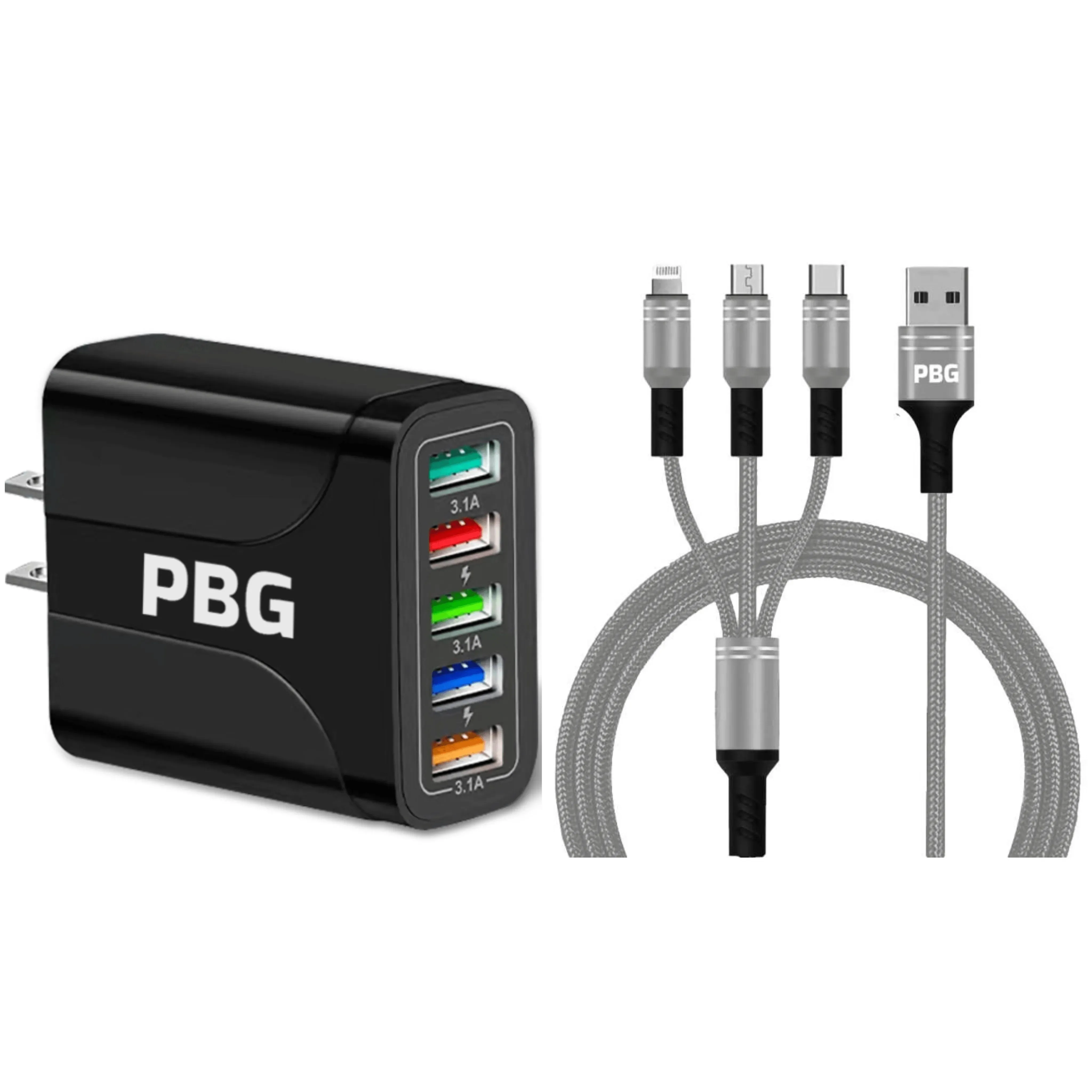 PBG Black 5-Port LED Wall Charger & QC 3-in-1 Nylon Braided Fast Charging Cable