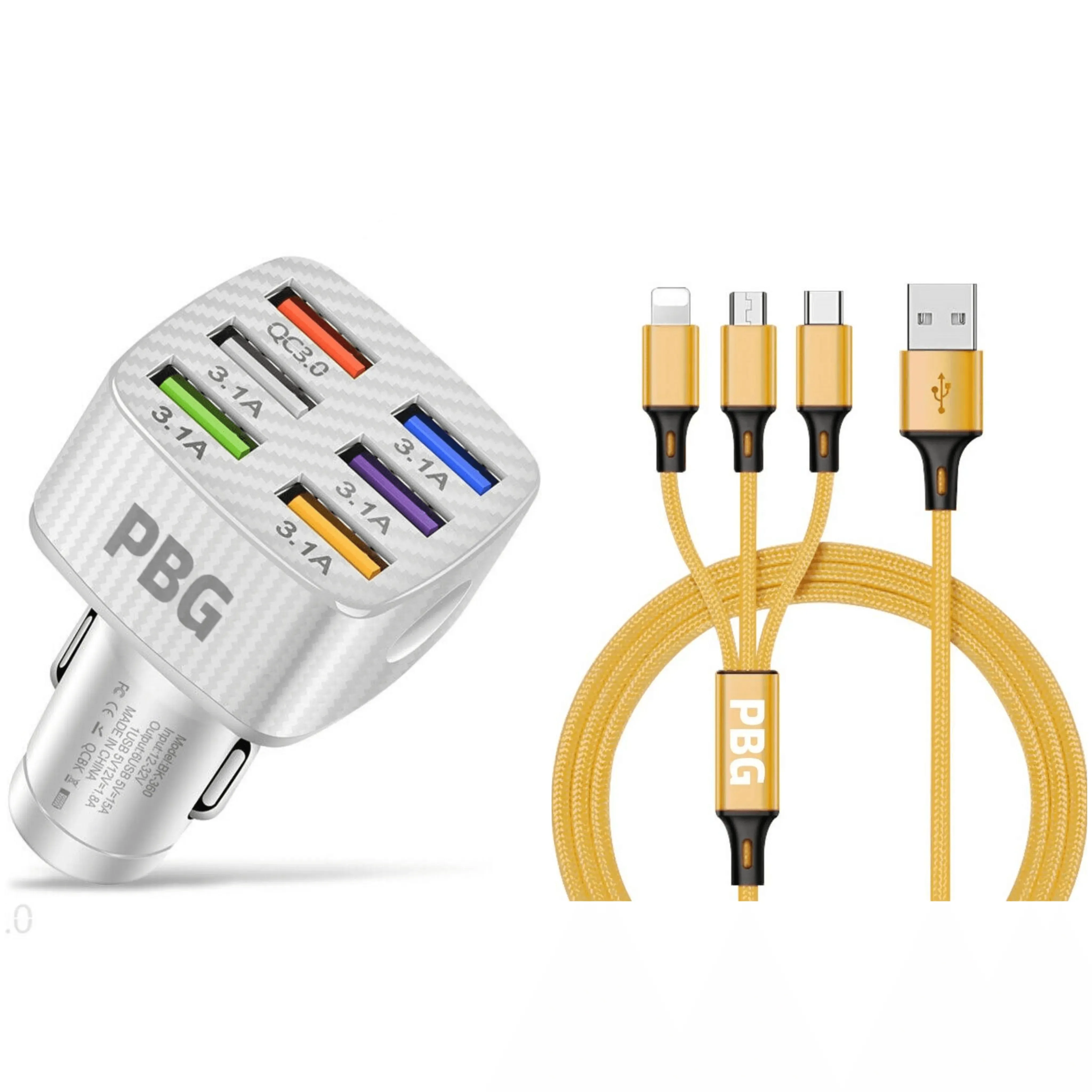 PBG LED 6-Port Car Charger with 4FT 3-in-1 Fast Charging Cable